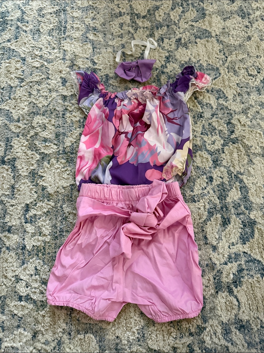 Girls Purple & Pink Floral Matching Set with Bow Shorts